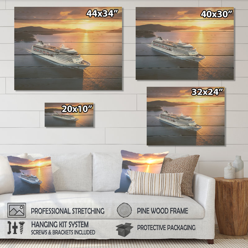 Sérénité, voyage à l'aube - Bateau côtier sur bois, H 10 po x l 20 po x P 0,78 po