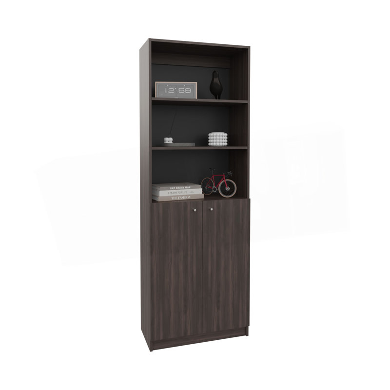Bibliothèque 2 portes avec tablettes supérieures, Brun, noir