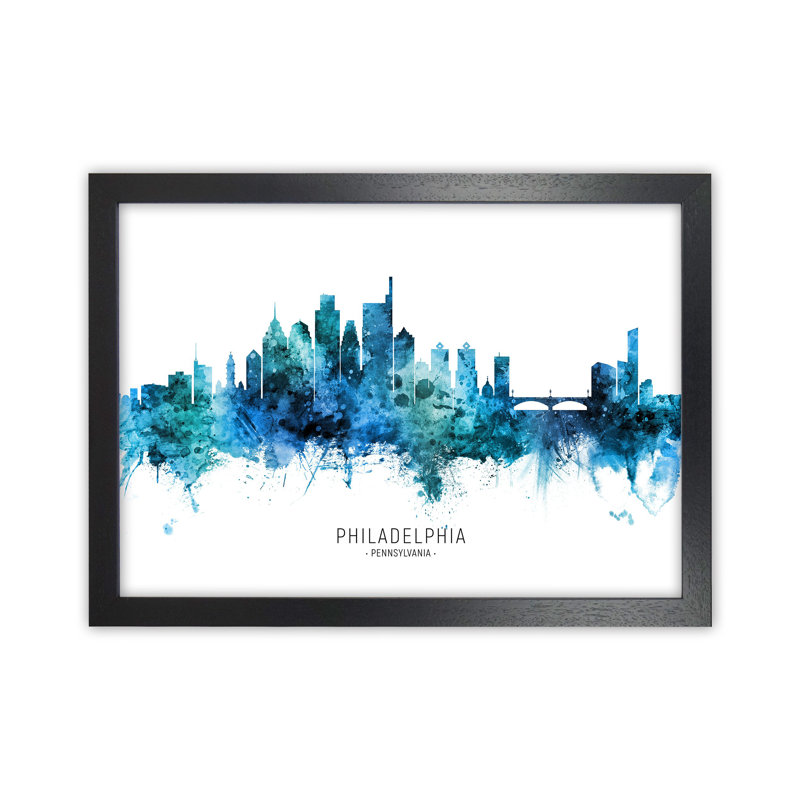Philadelphia Pennsylvania Skyline Blue City Name by Michael Tompsett - Print, 64cm H x 88cm W x 3cm D, Black Framed