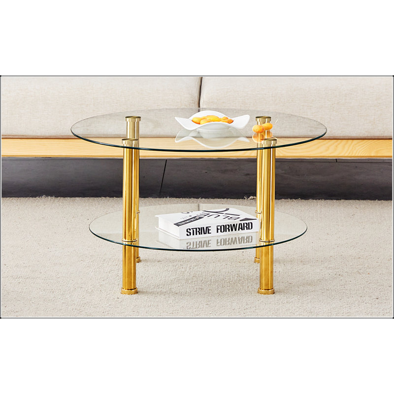 Table basse contemporaine en verre trempé à double couche de style contemporain - plateau de 27,5 po et dessous de 23,6 po. Plateau de table en verre renforcé, pieds en acier inoxydable.