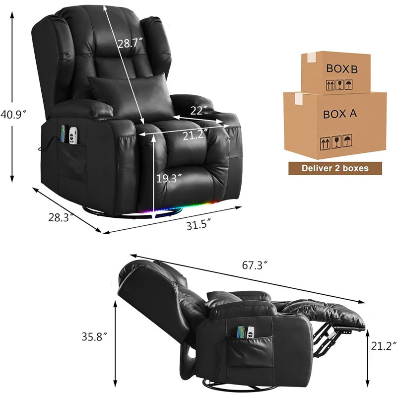Aguilera Faux Leather Swivel Rocker Power Recliner Home Theater Chair with Cup Holders USB LED Lights, Black