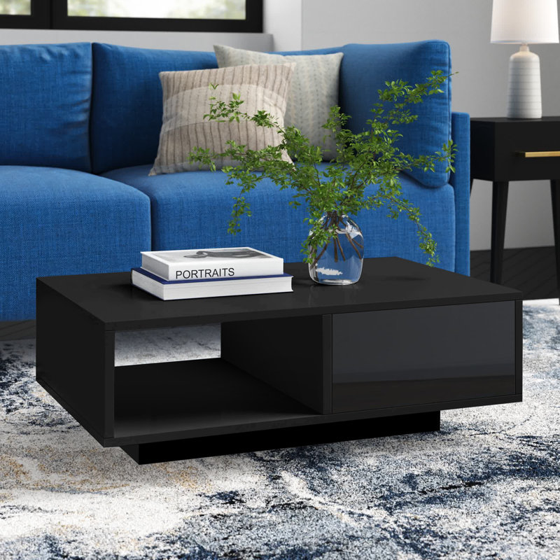 Nelliston LED Coffee Table with Drawer, Black, 15.7"H x 23.6"L x 43.3"W