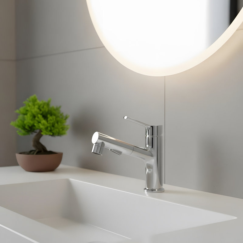 Modern Bathroom Sink Faucet with Pull-Out Sprayer and Pop-Up Drain, Chrome