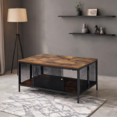 Table basse rectangulaire avec cadre noir mat, plateau en chêne antique, fonction de pliage, table de salon de 41 pouces
