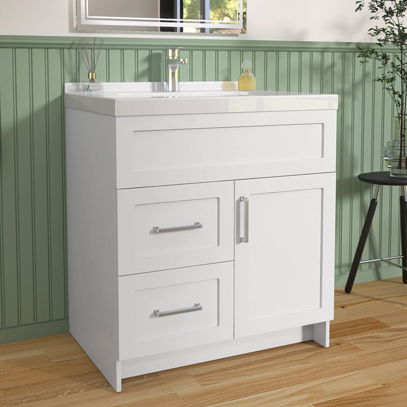 Armoire de meuble-lavabo autoportant de 30 po x P 21,5 po x H 33,5 po avec porte à deux pieds et 2 tiroirs blancs, Blanc