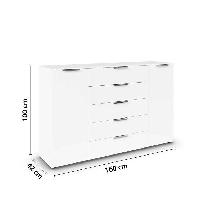 Flipp 5 Drawer 160Cm W Combo Dresser, Alpine White/Chrome