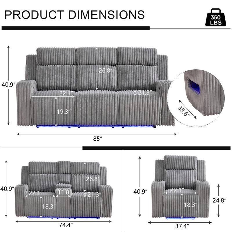 Causeuse inclinable électrique 74,4 po avec porte-gobelet et console, Gris