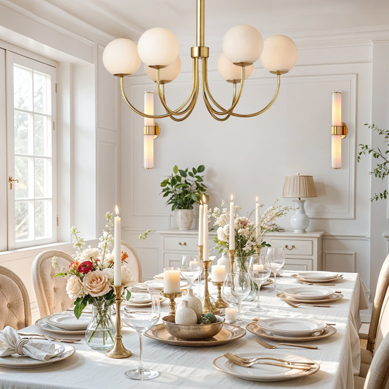 Luminaire suspendu moderne en métal - 30 po en métal, verre doré, blanc ivoire, grand globe, luminaire réglable câblé à 6 lumières pour salle à manger ou salon de style Mid-Century moderne, scandinave et contemporain