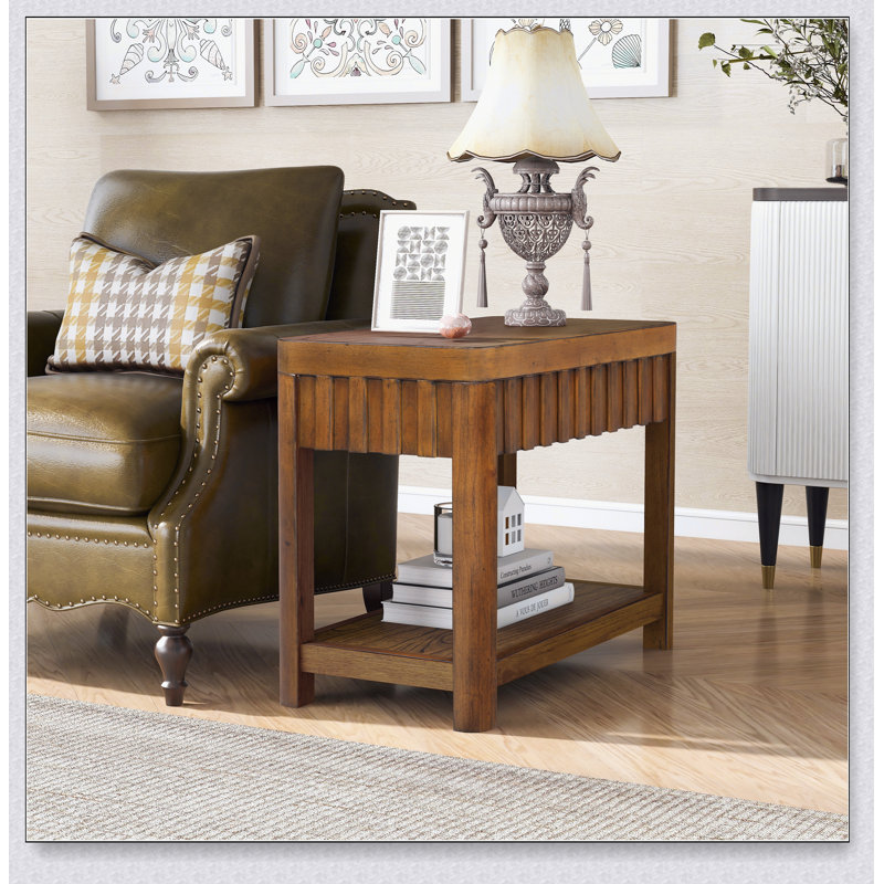 25'' Rectangular Farmhouse End Table with Storage Shelf, Sofa Side Table with Solid Wood Legs