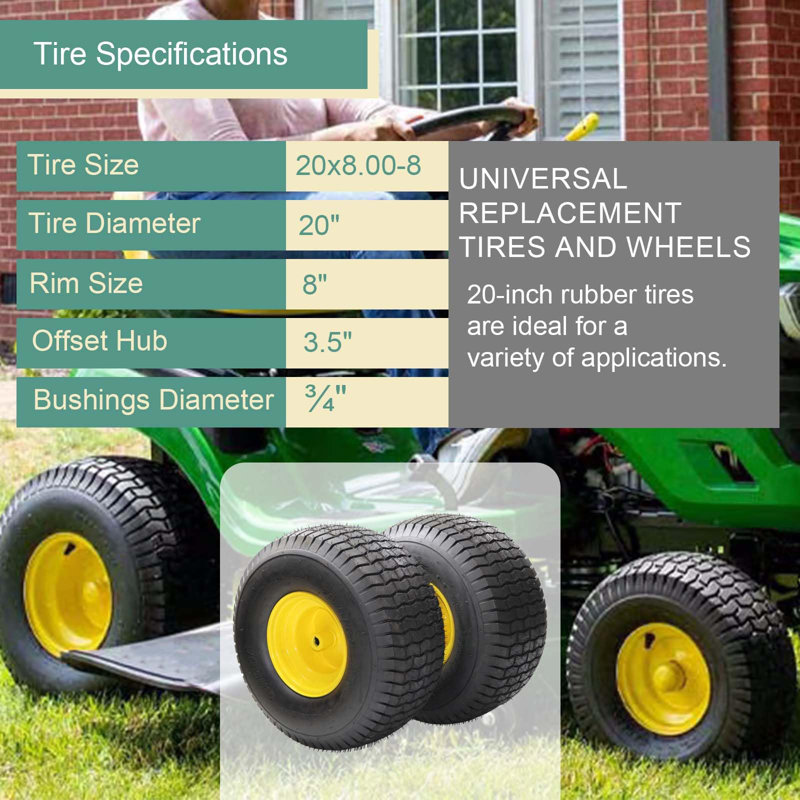 Pneus de gazon robustes pour tondeuses à gazon et tracteurs ， Ensemble de 2 avec roues ， 4PR Tubeless ， Format: 20 x 8,00-8