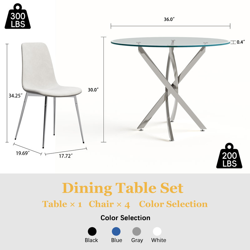 36" Round Glass Dining Set, Modern Cross Stainless Steel Base and 4 Velvet Upholstered Dining Chairs, Silver, White/Silver
