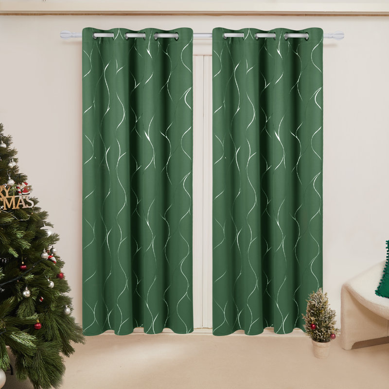 Seligman Wave Foil Printed Room Darkening Thermal Curtains, Width 168 x Drop 229 cm, Dark Forest