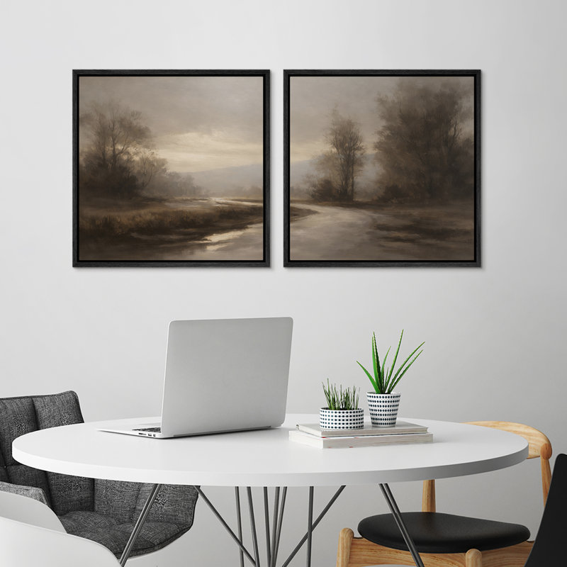 «Misty Woodland River Landscape», ensemble de 2 reproductions d'art encadrées, Noir, H 16 po x l 16 po