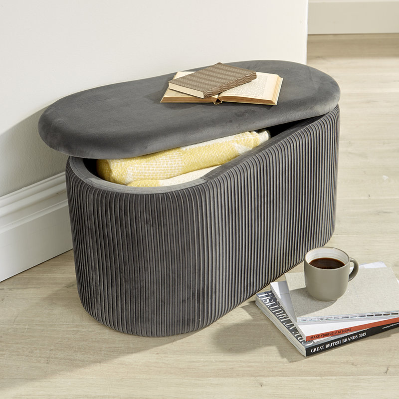 Ariana 76cm Wide Velvet Oval Solid Colour Ottoman with Storage, Grey