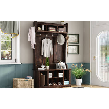 Mavino 47W Hall Tree with 3 Metal Double Hooks, Multiple Entryway Bench with 3 Open Storage Shelves Canora Grey Color: Brown