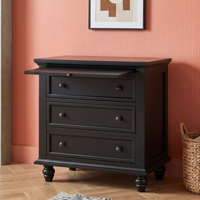 3-Drawer Nightstand with Pull-Out Tray, Rubber Wood Legs, Iron Handles and Finished Back for Bedroom