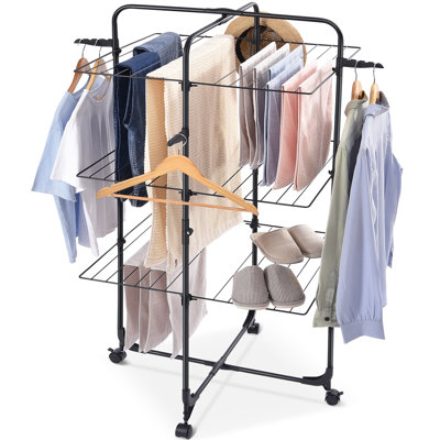 Clothes Drying Rack, 3-Tier Collapsible Laundry Rack Stand Garment Drying Station with Wheels and 4 Hooks, Indoor-Outdoor Use, Laundry Drying Rack