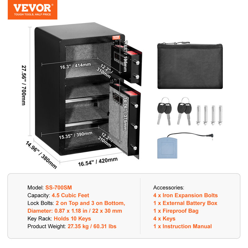Black Alloy Steel Double Door Safe Box with Key Lock and Password