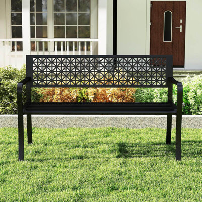 50" Garden Bench With Patterned Backrest And Curved Armrests For Porch Lawn