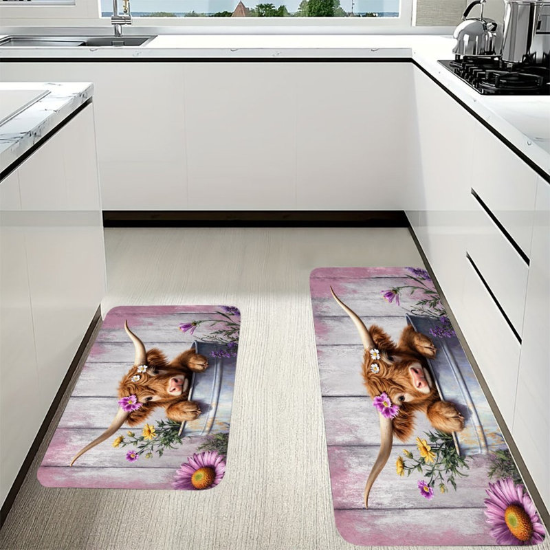 Ensemble de 2 tapis de cuisine Highland Cow, Vache Highland avec motif floral