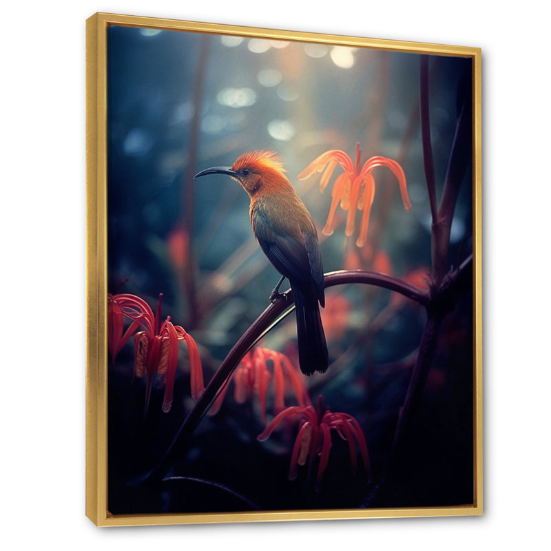 Oiseau jaune sur une fleur de cerisier V sur toile, H 32 po x l 24 po x P 1 po, Cadre flottant doré