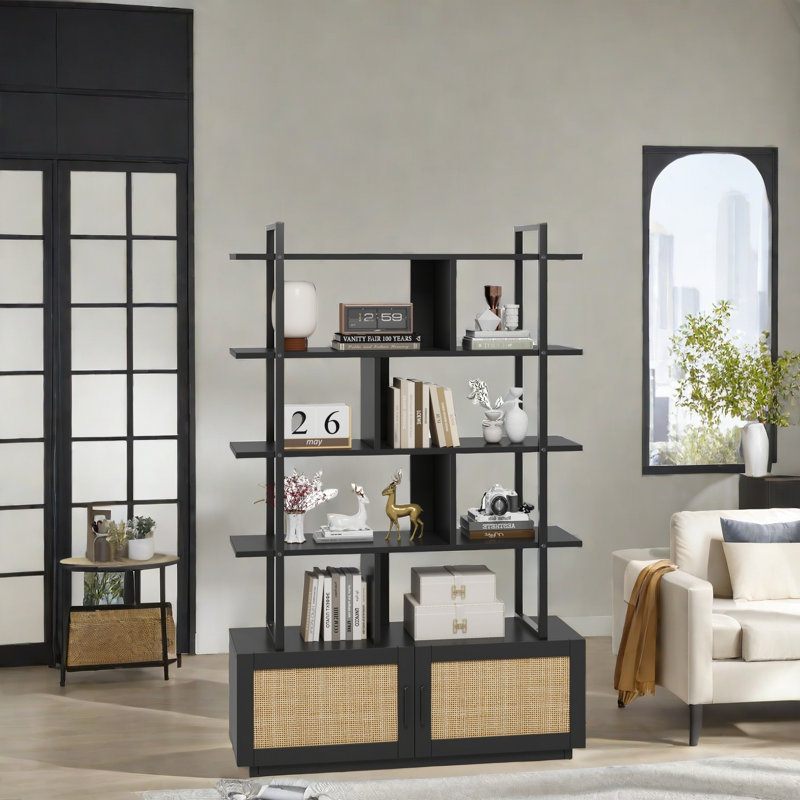 Bibliothèque 71,1 pouces de haut à 5 niveaux en rotin avec armoire de rangement et porte, Noir, noir, noir, noir
