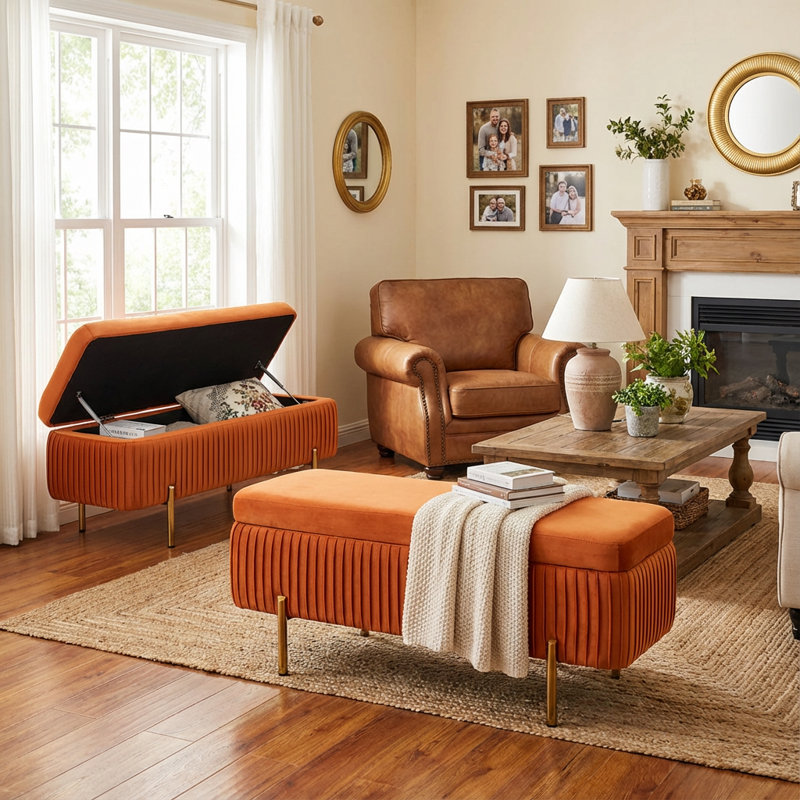 Banc de rangement en velours Leaysia, Orange