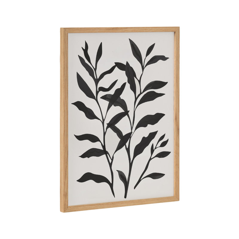 Art mural floral noir et blanc, H 12,65 po x l 16,65 po, Cadre brun clair