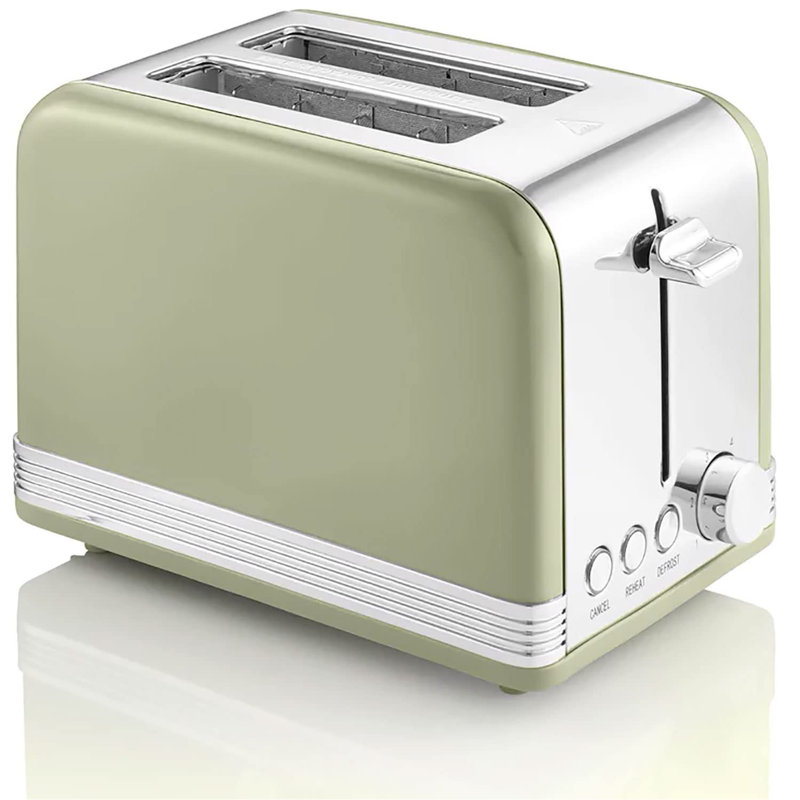 Bread toaster for 2 slices, vintage design, 3 functions, defrost/reheat/cancel, 6 toast levels, stainless steel, green, 815W