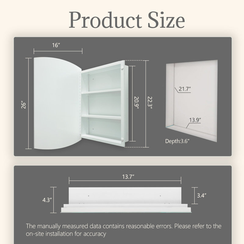 Armoire à pharmacie avec rangement, armoire de salle de bain à fixation en surface ou encastrée avec tablettes réglables, sans assemblage