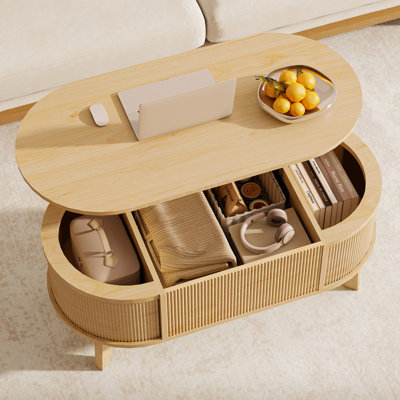 Lift Top Coffee Table with Storage, Modern Oval Wood Coffee Table, Natural Coffee Table for Living Room,38.6"W x 18.9"D x 18.5"H
