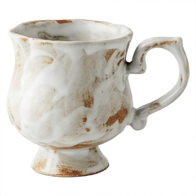 10 oz Footed Ceramic Mug, Rustic Handmade Glazed Coffee Cup with Handle, Vintage Tea Cup, Dishwasher & Microwave Safe(White Brown)