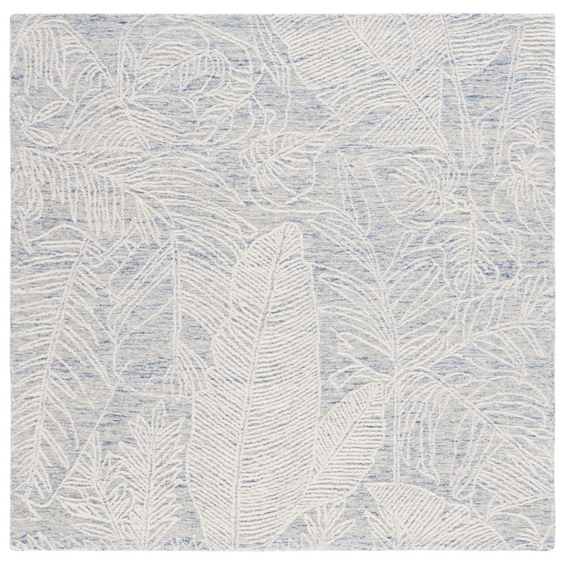 Tapis floral ivoire / bleu en laine / coton touffeté à la main Alezae, Carré 6 pi