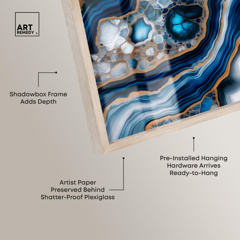 «Azure Alveoli I Shadowbox Print Blue Geode» par Art Remedy, H 16 po x l 11 po, Crème, crème