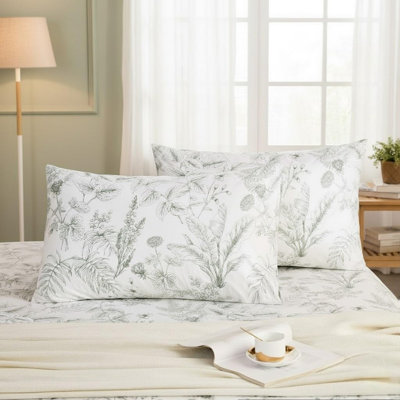 Ensemble de 2 taies d'oreiller grand format, 2 taies d'oreiller 100% coton, housses d'oreiller à motif botanique gris, housse d'oreiller naturelle respirante douce avec fermeture à enveloppe (grand, 20 po x 30 po)