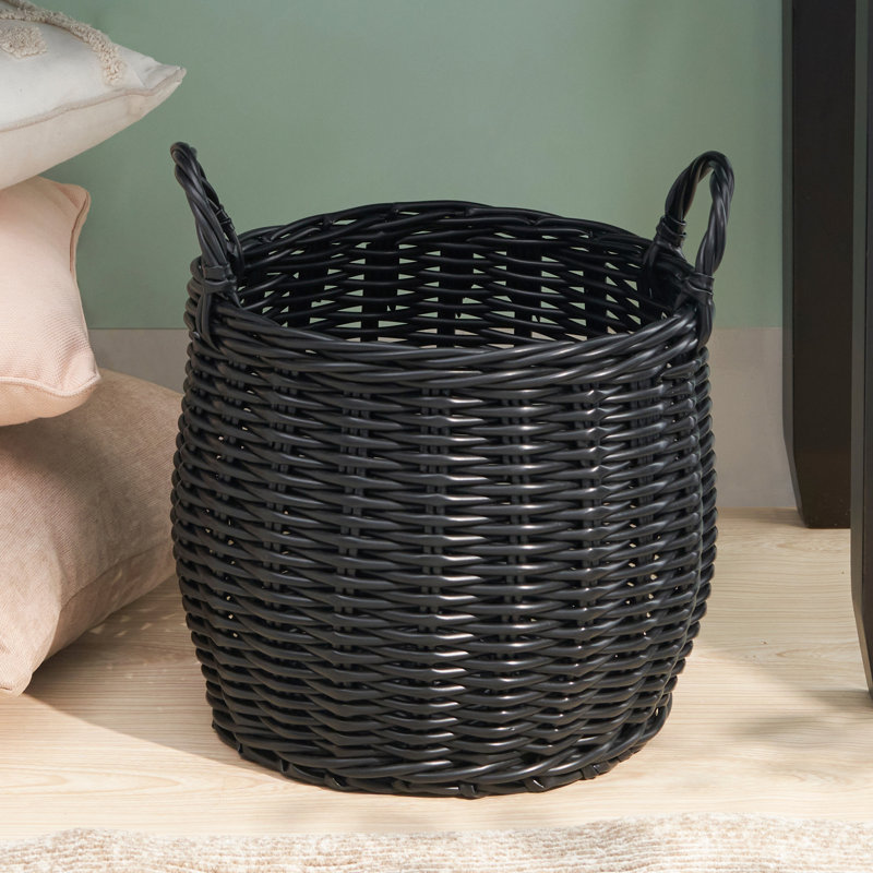Lucius Round Resin Woven Wicker Basket With Handles - 13" X 13" X 10.2" - Black - For Clothes, Towels, Toys, Magazines Storage And Home Decoration