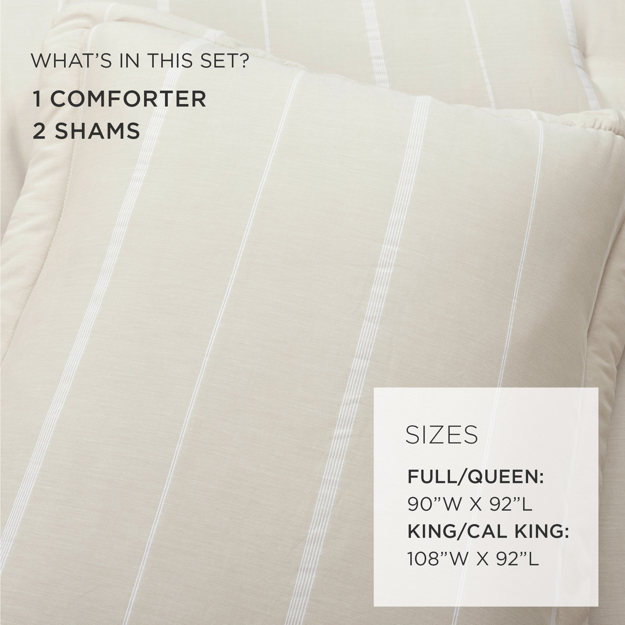 Classic Farmhouse Stripe Comforter Set 3Pc Set, California King Comforter + 2 King Shams, Beige