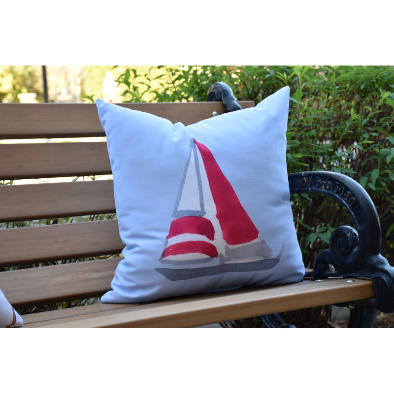 16" x 16" White and Red Polyester Nautical Outdoor Pillow