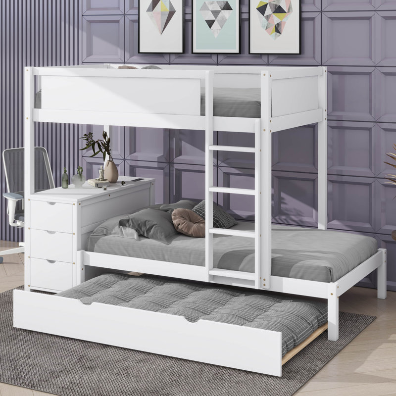 Lit superposé équipé d'un lit gigogne simple, de compartiments de rangement et d'un bureau, Simple sur simple, Blanc