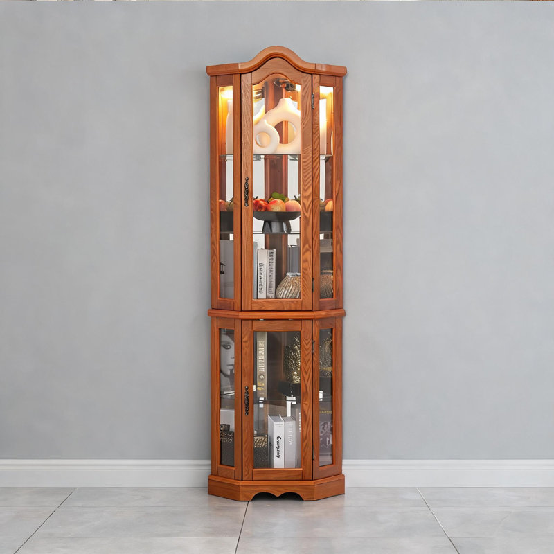 Cadre en panneau de fibres à densité moyenne avec vitrine de coin-salon et tablettes en verre trempé