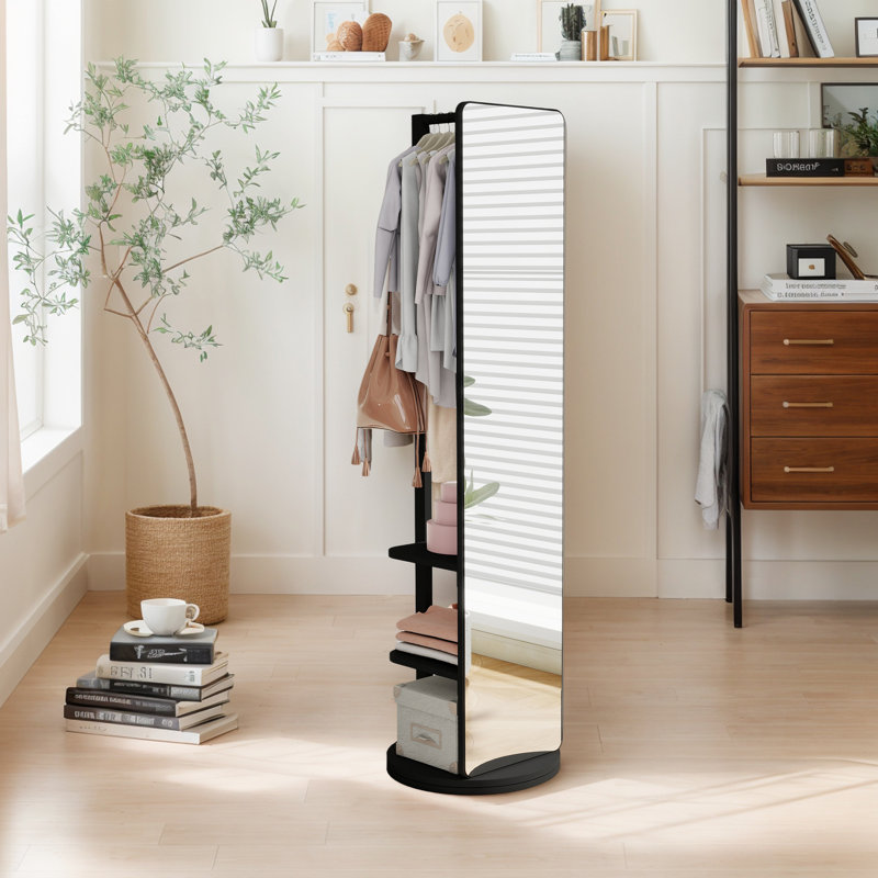 360° Swivel Full Length Mirror With Stand,Solid Wood Floor Mirror With Coat Rack, Black, 68.8" x 19.7"