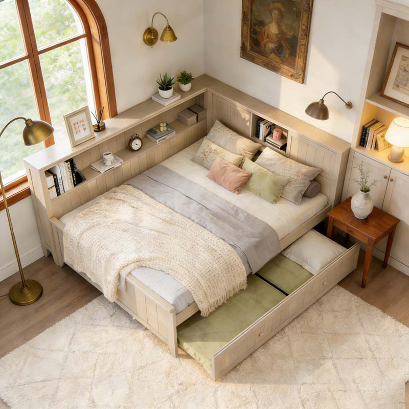 Lit de jour pleine grandeur en bois avec tablettes de rangement et lit gigogne
