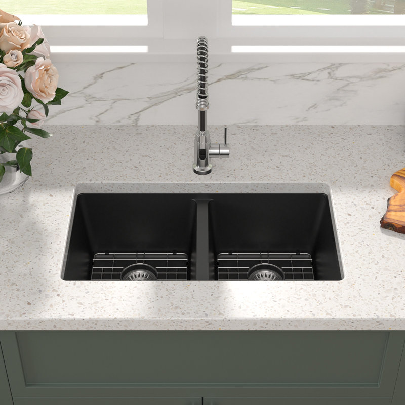 Évier de cuisine à double cuve en composite de granite avec grille d'évier L 33 po x l 19 po x 50 po, Noir