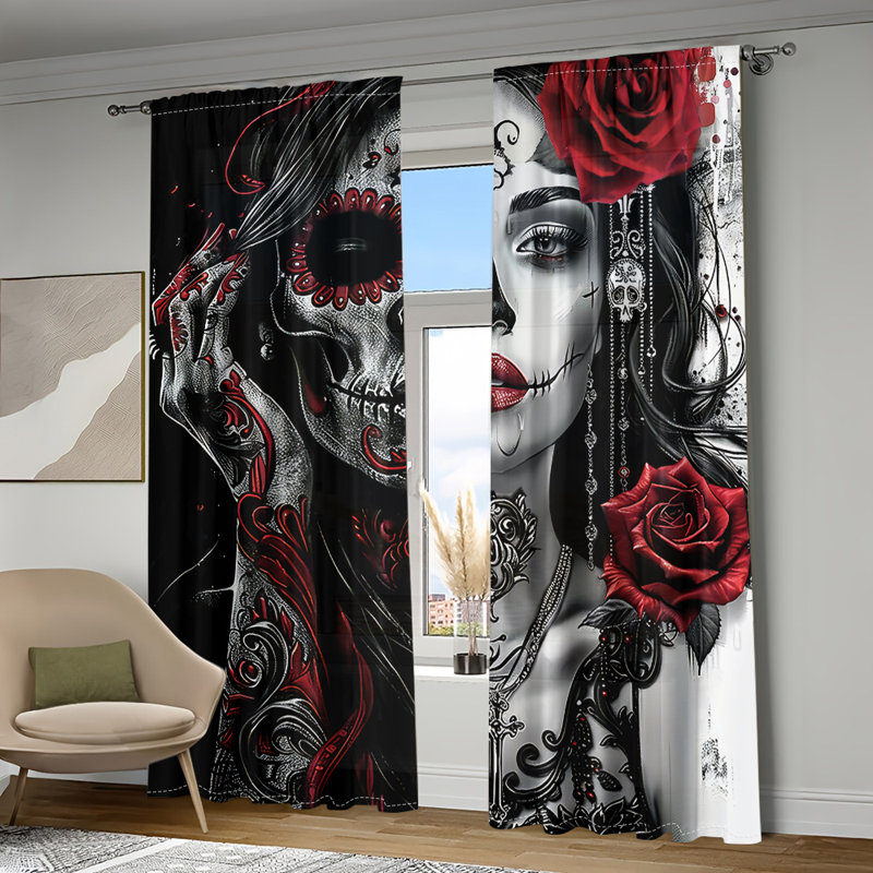 2Pcs Sugar Skull Curtains Gothic Day of Dead Design Rose Pattern Window Drapes Halloween Decor Rod Pocket Polyester Material for Living Room Bedroom Dining Kitchen Home