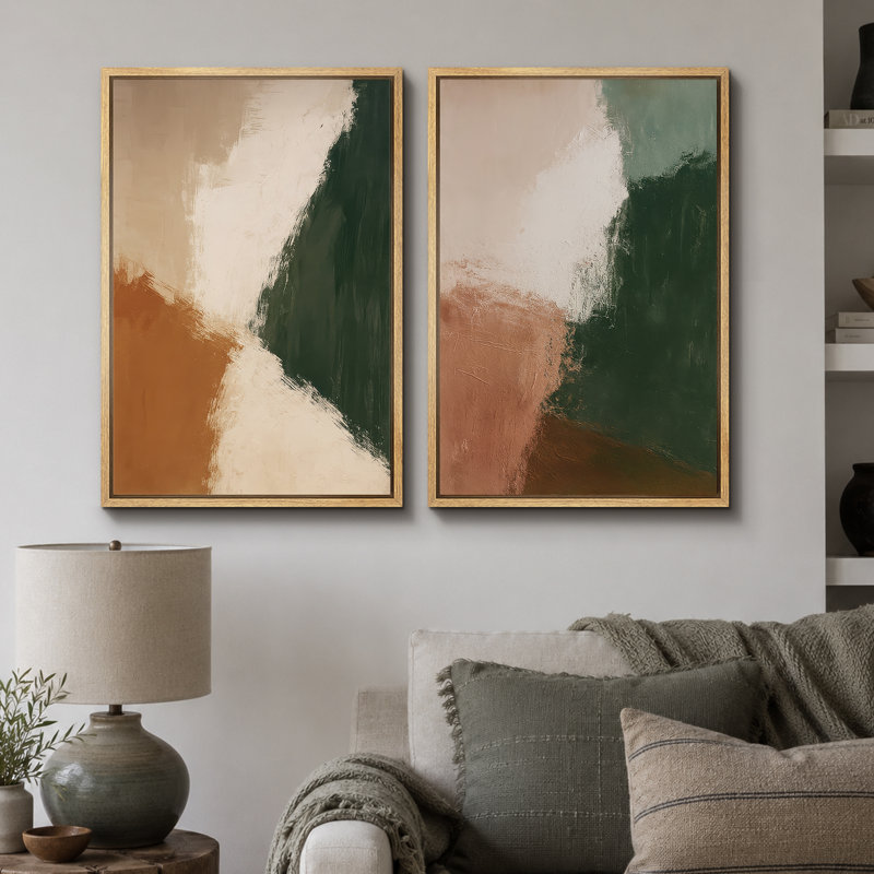 «Earth Tone Abstract Color Shapes Duo Contemporary Modern Design», reproduction d'art sur toile encadrée 2 pièces
