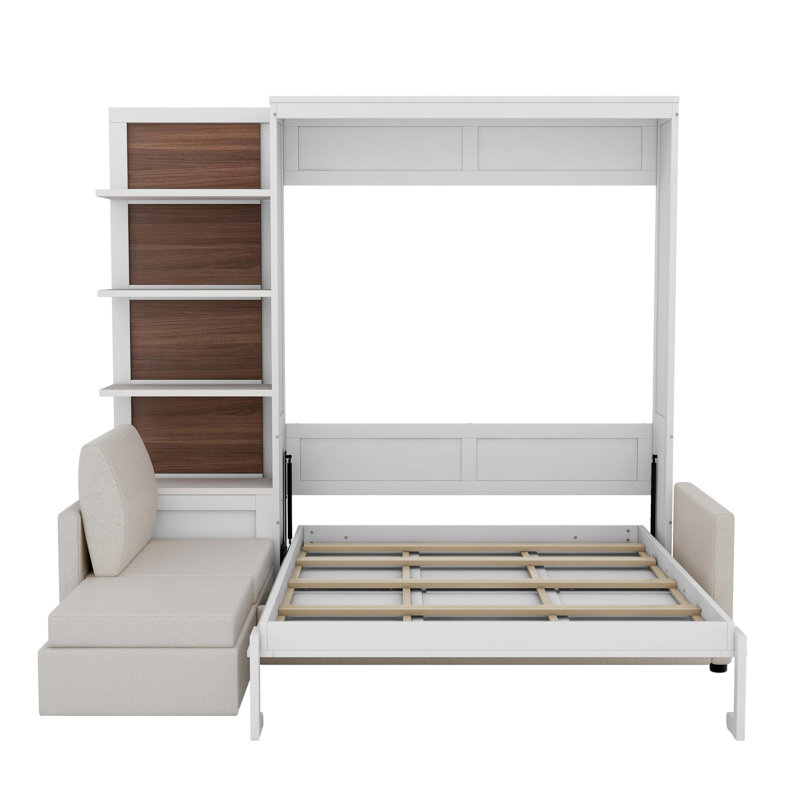 Queen Size Murphy Bed Wall Bed with Sofa and Shelves, White