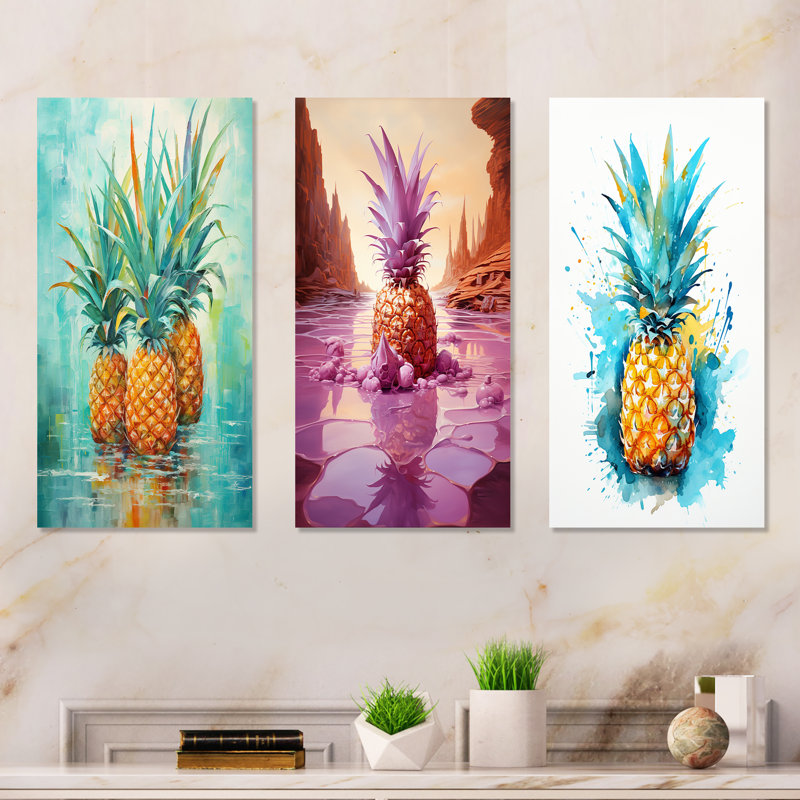 «Exotic Pineapple Oasis», ensemble de 3 reproductions d'art en métal, H 32 po x l 48 po