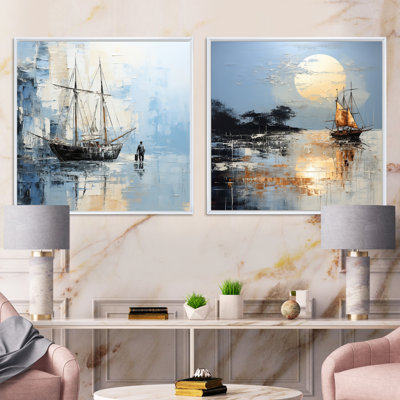Minimalism Blue And White Pirate Scenery - Coastal Square Collage Set Of 2