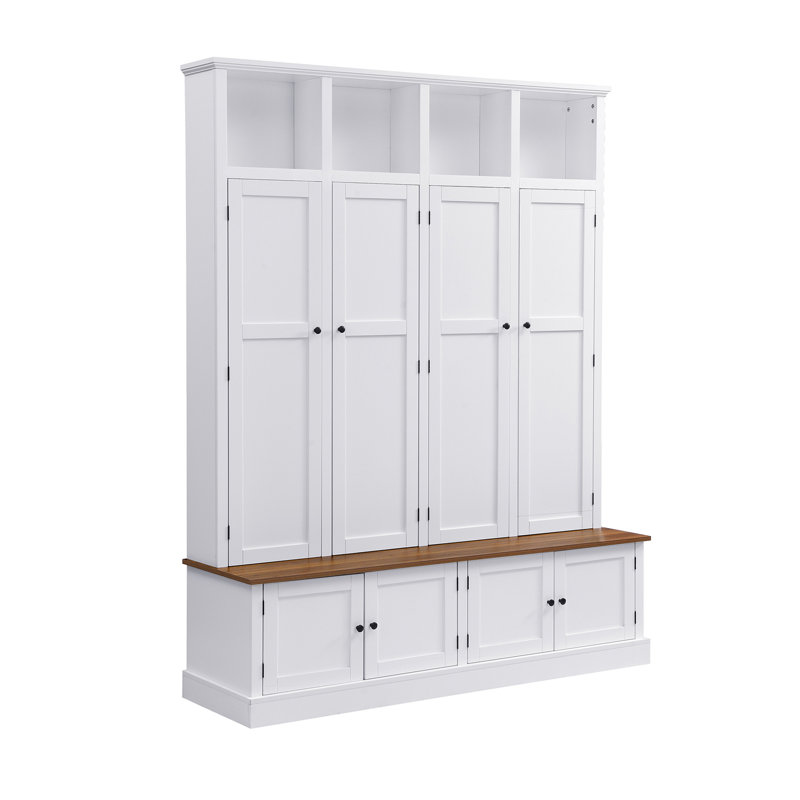 VIBE HAUS 76.7''H Farmhouse Hall Tree with Bench and Cabinet, 4-in-1 Entryway Bench with Coat Rack, Modern Entryway Storage Organizer with Open Cubbies & Hooks for Hallway, Entryway, Living Room