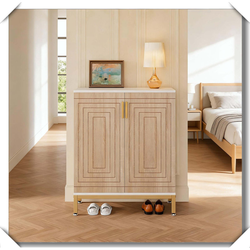 Durable Spacious Shoe Cabinet Sturdy Space Saving Organizer, Gold/White,Natural